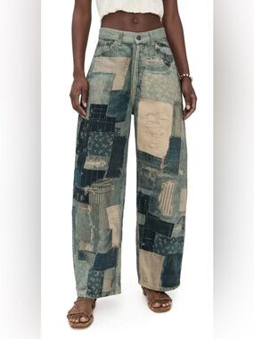 FREE PEOPLE ILLUSIONS PATCHWORK BARREL LEG JEANS SIZE 25